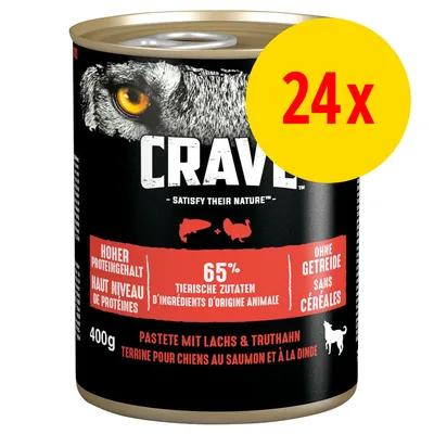 Confezione da 24x400g Crave, terrina per cani al salmone e tacchino, 65% ingredienti di origine animale, senza cereali, alto contenuto proteico. Testo in tedesco e francese visibile.