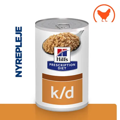 Hill's Prescription Diet k/d dåse med billede af foder, teksten NYREPLEJE og et orange ikon med høne. Synlig tekst: Hill's Prescription Diet, k/d.