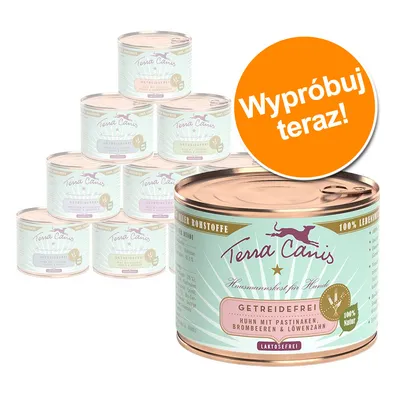 Zestaw puszek Terra Canis Getreidefrei, widoczny napis: Huhn mit Pastinaken, Brombeeren & Löwenzahn, 100 % Natur, laktosefrei. Pomarańczowe koło z tekstem: Wypróbuj teraz!
