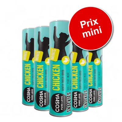 Cosma Pure Love Snackies Minis Chicken, 100 % pure meat gently freeze-dried. Texte promotionnel : Prix mini.