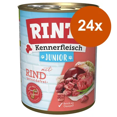 Συσκευασία RINTI Kennerfleisch Junior με Rind, getreidefrei, Reich an Omega3. Εμφανίζεται το κρέας και η ένδειξη 24x σε πορτοκαλί κύκλο.