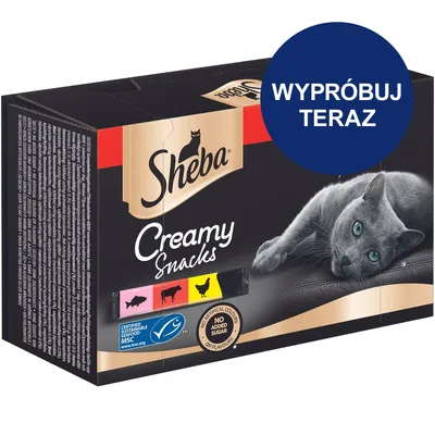 Opakowanie Sheba Creamy Snacks, widoczne certyfikat MSC, oznaczenie bez dodatku cukru i sztucznych barwników, napis WYPRÓBUJ TERAZ na niebieskim kole.
