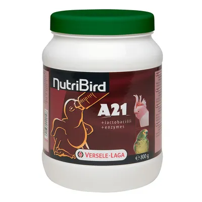 NutriBird A21, +lactobacilli +enzymes, Versele-Laga, 800 g. Afbeeldingen van een jonge vogel met fles, een kaketoe en een parkiet op het etiket.