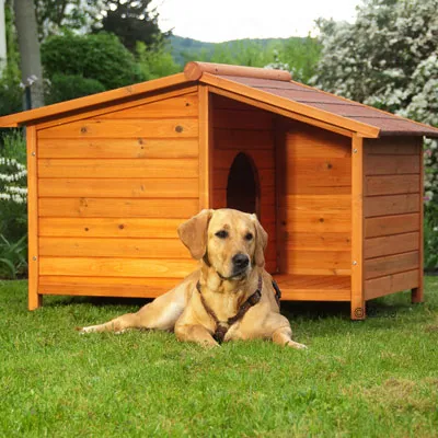 Niche pour chien en bois avec toit incliné, posée sur une pelouse, chien allongé devant l'entrée de la niche. Matériau visible : bois.