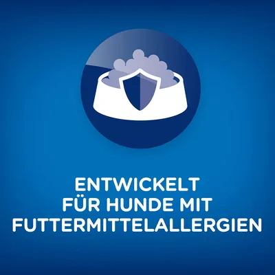 Text på tyska: 'Entwickelt für Hunde mit Futtermittelallergien' (utvecklad för hundar med foderallergier). Texten är inte på svenska.