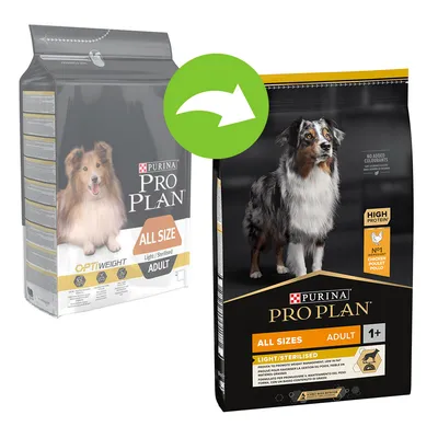 Imagine cu două ambalaje de hrană pentru câini Purina Pro Plan All Size Adult Light/Sterilised, indicând schimbarea designului. Text vizibil: High Protein, No1 Chicken, fără coloranți adăugați.