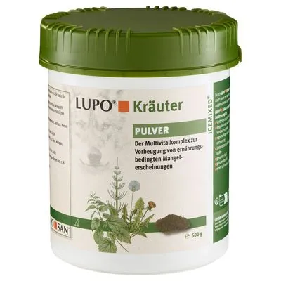 LUPO Kräuter PULVER, 600 g. Der Multivitalkomplex zur Vorbeugung von ernährungsbedingten Mangelerscheinungen. Tekst op verpakking in het Duits. LUPO Kräuter PULVER, 600 g. Der Multivitalkomplex zur Vorbeugung von ernährungsbedingten Mangelerscheinungen. Tekst op verpakking in het Duits.