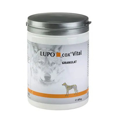 LUPO cox Vital granulát, 675 g dóza s motívom vlka a obrázkom psieho kostry.