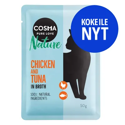 COSMA Pure Love Nature Chicken and Tuna in Broth, 100% natural ingredients, 50 g. KOKEILE NYT -teksti sinisellä ympyrällä pakkauksessa.