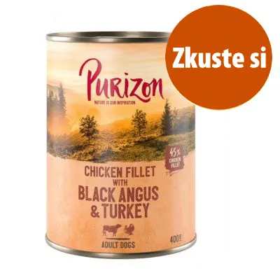 Purizon Chicken Fillet with Black Angus & Turkey, 45 % chicken fillet, 400 g, ADULT DOGS. Oranžový kruh s textem: Zkuste si.