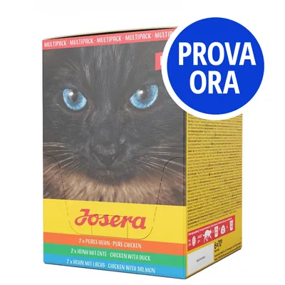 Pannello cliccabile con testo: PROVA ORA. Confezione multipack Josera per gatti, 2x pollo puro, 2x pollo con anatra, 2x pollo con salmone, visibile anche il marchio Josera.