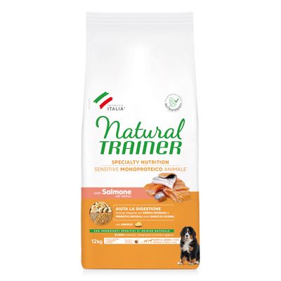 Natural Trainer krmivo pre psy, Sensitive Monoproteico s lososom, 12 kg. Podporuje trávenie s celozrnnými obilninami, prírodnými prebiotikami a ananásom. Vyrobené v Taliansku.
