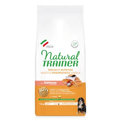 Natural Trainer Hundefutter, Sensitive Monoproteico mit Lachs, 12kg. Unterstützt die Verdauung mit Vollkorngetreide, natürlichen Präbiotika und Ananas. Hergestellt in Italien.