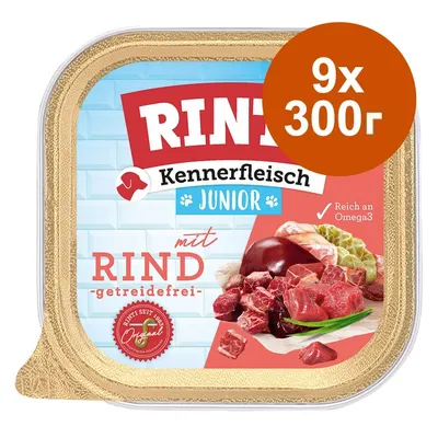 Rinti Kennerfleisch Junior с говеждо, без зърнени, 9×300 г. Видими парчета месо и надпис: Reich an Omega3. Текстът е на немски език.