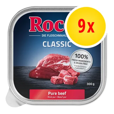 Rocco Classic Pure beef, confezione da 9 vaschette da 300 g. Testo visibile: 100% fresh ingredients & grain-free, Pure beef, Rind pur, Boeuf pur.