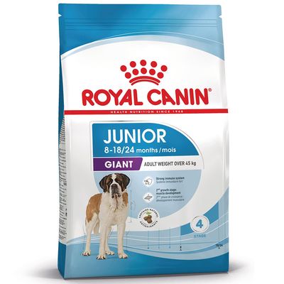 Royal Canin Junior Giant, 8-18/24 miesięcy, masa dorosłego psa powyżej 45 kg, silna odporność, rozwój mięśni, zawiera naturalne przeciwutleniacze, ilustracja dużego psa.