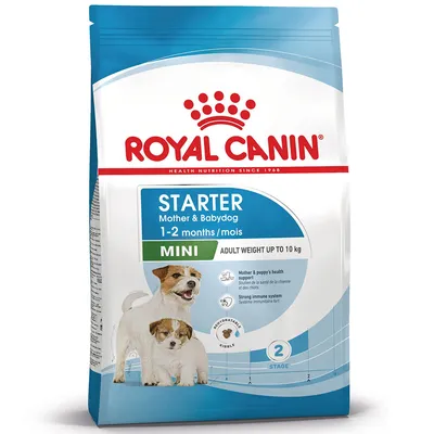 Royal Canin Starter Mother & Babydog Mini, 1–2 kuukautta, aikuispaino jopa 10 kg, vaihe 2, tukee terveyttä ja immuunijärjestelmää, pakkauksessa kuva kahdesta koirasta. Royal Canin Starter Mother & Babydog Mini, 1–2 kuukautta, aikuispaino jopa 10 kg, vaihe 2, tukee terveyttä ja immuunijärjestelmää, pakkauksessa kuva kahdesta koirasta.