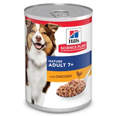 Hill's Science Plan Mature Adult 7+ con pollo. Lattina con cibo umido per cani anziani, raccomandato dai veterinari.