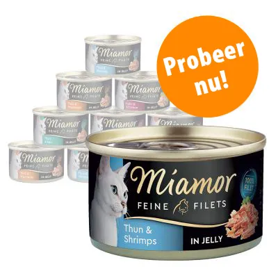 Miamor Feine Filets Thun & Shrimps in Jelly kattenvoer blik, stapel blikken op de achtergrond. Oranje cirkel met tekst: Probeer nu! Miamor Feine Filets Thun & Shrimps in Jelly kattenvoer blik, stapel blikken op de achtergrond. Oranje cirkel met tekst: Probeer nu!