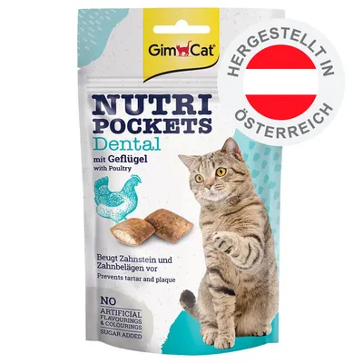 GimCat Nutri Pockets Dental mit Geflügel, beugt Zahnstein und Zahnbelag vor, ohne künstliche Aromen oder Farbstoffe, ohne Zuckerzusatz, hergestellt in Österreich.