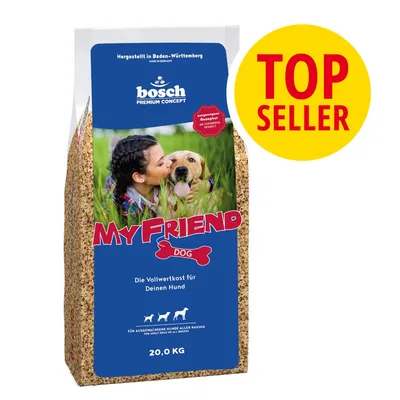 bosch My Friend Dog, karma dla psów dorosłych wszystkich ras, opakowanie 20,0 kg, oznaczenie TOP SELLER, tekst po niemiecku: Die Vollwertkost für Deinen Hund