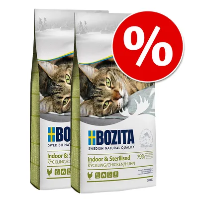 Bozita Indoor & Sterilised курица, 79% животного белка, 10 кг. Предложение с красным процентным знаком.