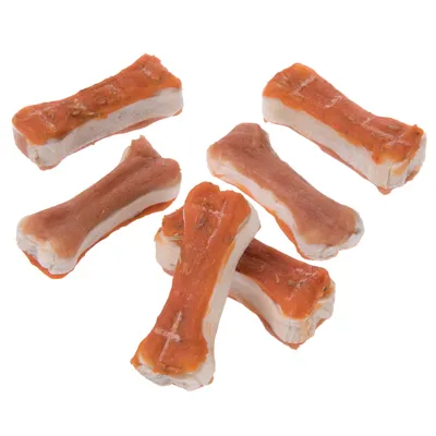 Sei ossi da masticare con base bianca e rivestimento arancione, adatti come snack o ricompensa per pet. Sei ossi da masticare con base bianca e rivestimento arancione, adatti come snack o ricompensa per pet.