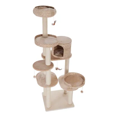 Kratzbaum mit mehreren Ebenen, Sisalstämmen, Körben aus geflochtenem Material und Spielzeuganhängern. Inklusive Höhle und Liegeflächen.
