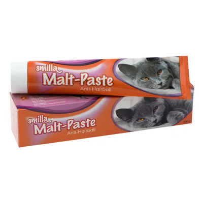 smilla Malt-Paste Anti-Hairball -tahna kissalle, 200 g tuubi ja pakkaus, kuvassa harmaa kissa