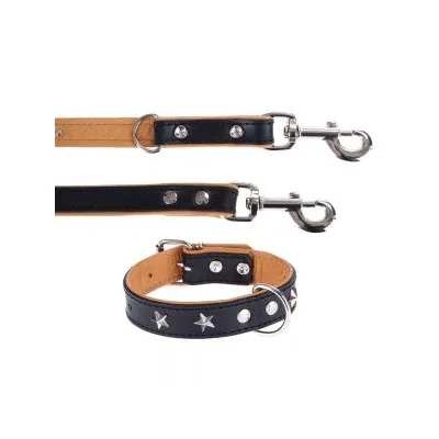 Collier et laisse en cuir noir et beige avec rivets métalliques ronds et étoiles, mousquetons argentés visibles. Aucun nom de marque ou texte apparent.