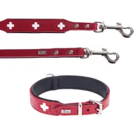 Lot Hunter Swiss : collier + laisse en cuir pour chien - lot collier taille 55 + laisse L 200 cm