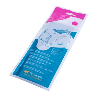 Confezione filtro al carbone attivo Ferplast per lettiere Bella, Clear Cat, Magix; testo: si consiglia il ricambio ogni 90 giorni. Immagine stilizzata di una lettiera.