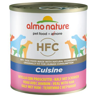Boîte Almo Nature HFC Cuisine, veau avec jambon. Texte visible : pet food + amore, HFC: dog food made with natural ingredients originally fit for human consumption.