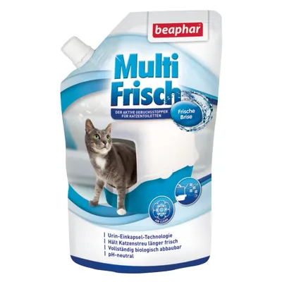 beaphar Multi Frisch Frische Brise, опаковка с изображение на котка и текст на немски: Urin-Einkapsel-Technologie, Hält Katzenstreu länger frisch, biologisch abbaubar, pH-neutral.