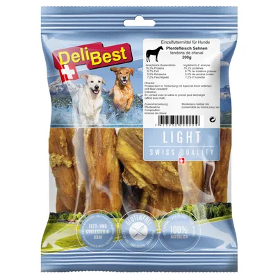 DeliBest hästsenor, enkelutfodring för hundar, 200g. Light Swiss Quality, låg fetthalt och kolesterol, glutenfri, 100% naturlig. Protein 76,3%, fett 6,2%.