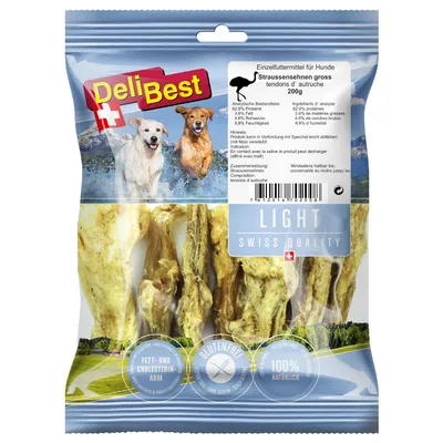 DeliBest struisvogelpezen, enkelvoudig voer voor honden, 200g. Vet- en cholesterolarm, glutenvrij, 100% natuurlijk. Light Swiss Quality met analyse: eiwit 82,5%, vet 6,5%, vocht 8,5%.