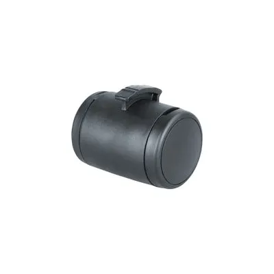 Sort cylindrisk beholder i plastik med klips på siden, ingen synlig tekst eller mærke