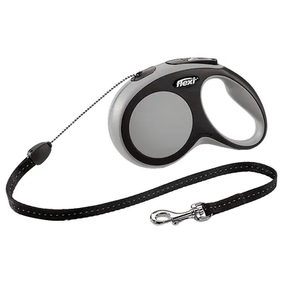 Guinzaglio estensibile Flexi con manico ergonomico in plastica nera e grigia, corda nera e moschettone metallico visibile.