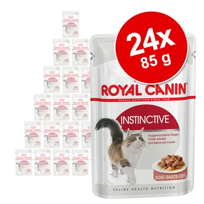 Πακέτο 24 φακελάκια Royal Canin Instinctive 85g με εικόνα γάτας και κομματιών τροφής σε σάλτσα. Εμφανές το όνομα προϊόντος και η ποσότητα στη συσκευασία.