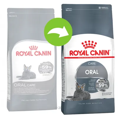 Royal Canin Care Oral suha hrana za mačke, prikaz stare i nove ambalaže s tekstom: proven results up to 59% reduced tartar formation in 28 days, slika sive mačke.
