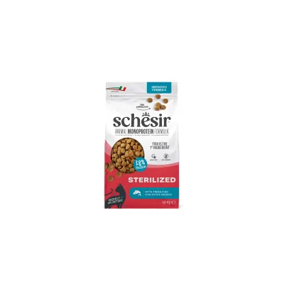 Schesir Animal Monoprotein Formula Sterilized, fisk som hovedingrediens, 32% protein, 1,6 kg taske, forbedret opskrift.