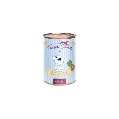 Terra Canis Oksekød med æble, gulerod & hyben, 100% naturlige ingredienser, dåse med hundemotiv