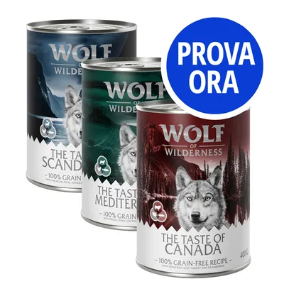 Tre lattine Wolf of Wilderness: The Taste of Scandinavia, The Taste of Mediterranean, The Taste of Canada, 400 g, ricetta senza cereali. Cerchio blu con testo: PROVA ORA.