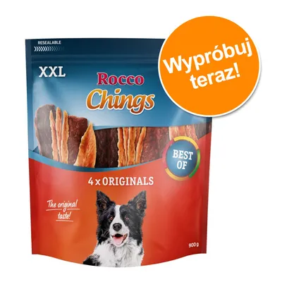 Opakowanie Rocco Chings XXL 4 x Originals, widoczny napis 'BEST OF', masa netto 900 g, pomarańczowe koło z tekstem 'Wypróbuj teraz!'.