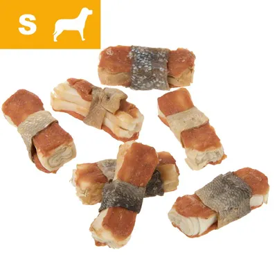 Sex små tuggben med inslag av ljusbrunt och mörkare material, märkning uppe till vänster: S och siluett av hund. Sex små tuggben med inslag av ljusbrunt och mörkare material, märkning uppe till vänster: S och siluett av hund.