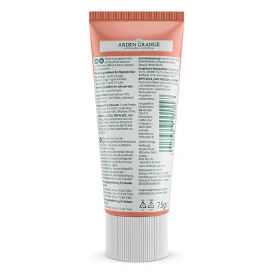 Tube label showing feeding guidelines for dogs and cats, composition with fresh salmon, analytical constituents, storage advice, manufacturer details, and 75g weight.