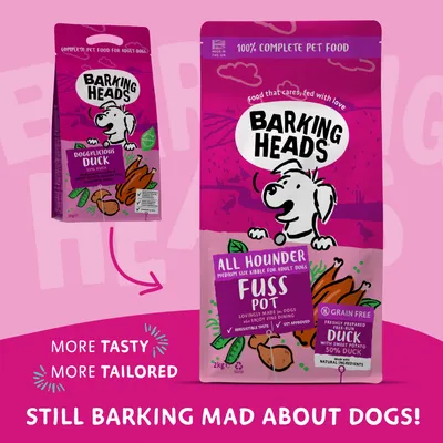 Barking Heads All Hounder Fuss Pot dog food, grain free, with 50% freshly prepared free-run duck and sweet potato. More tasty, more tailored. Still barking mad about dogs.