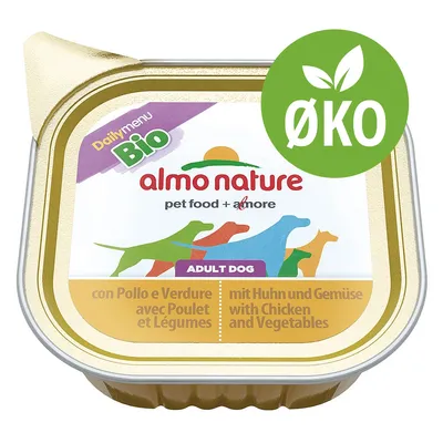 almo nature pet food + more Daily menu Bio ADULT DOG, con Pollo e Verdure, mit Huhn und Gemüse, with Chicken and Vegetables. Grøn ØKO-mærkning synlig på emballagen.