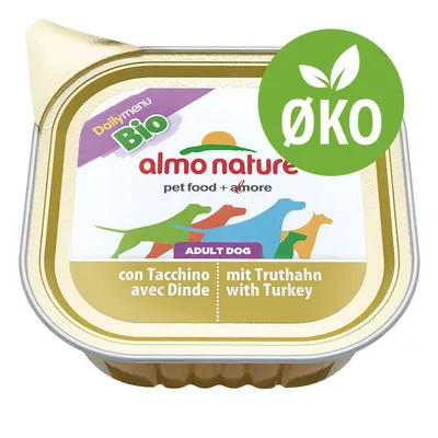 almo nature pet food + more, Daily menu Bio, ADULT DOG, con Tacchino avec Dinde mit Truthahn with Turkey. Grøn cirkel med teksten ØKO.