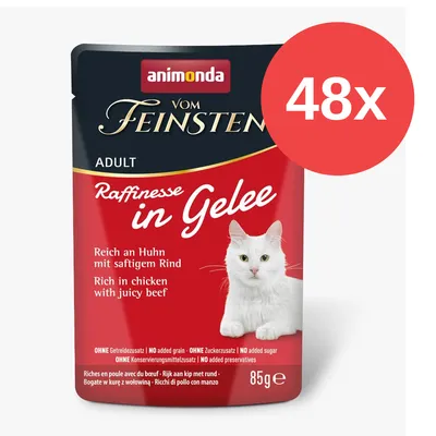 Animonda Vom Feinsten Adult, Raffinesse in Gelee. Rico en pollo con ternera jugosa. Sin cereales, sin azúcar, sin conservantes añadidos. Pack de 48 sobres de 85 g.